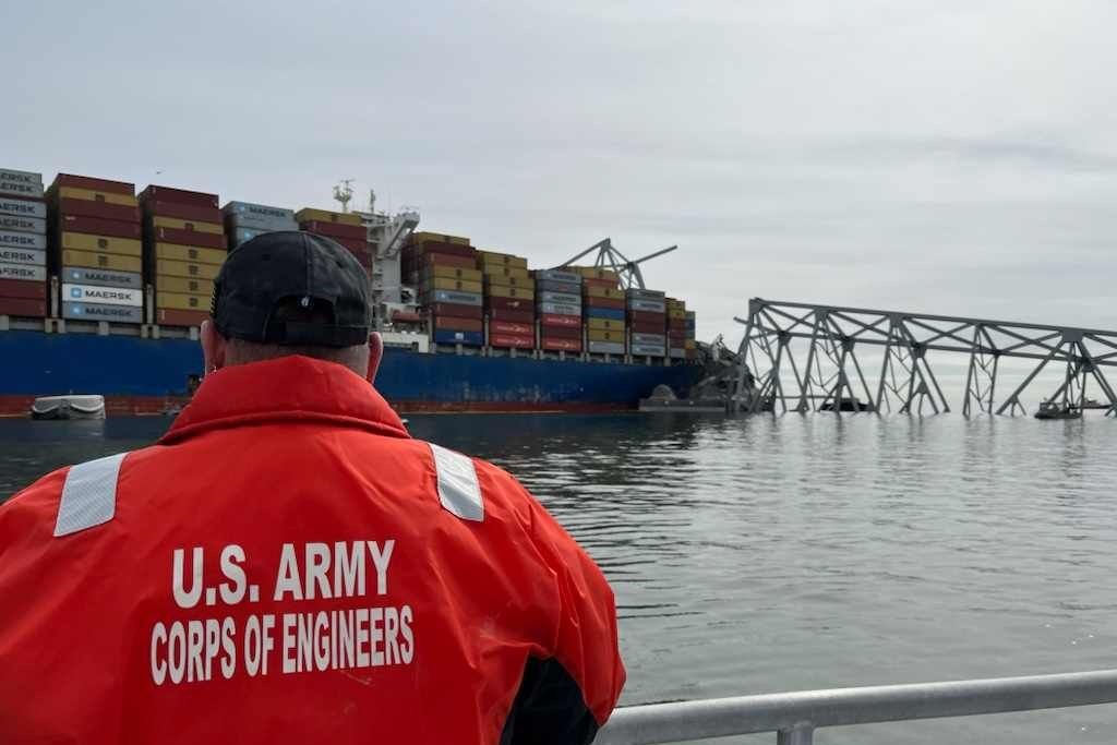 USACE staff onboard Hydrographic Survey Vessel CATLETT observe the damage resulting from the collapse of the Key Bridge. Photo by David Adams.