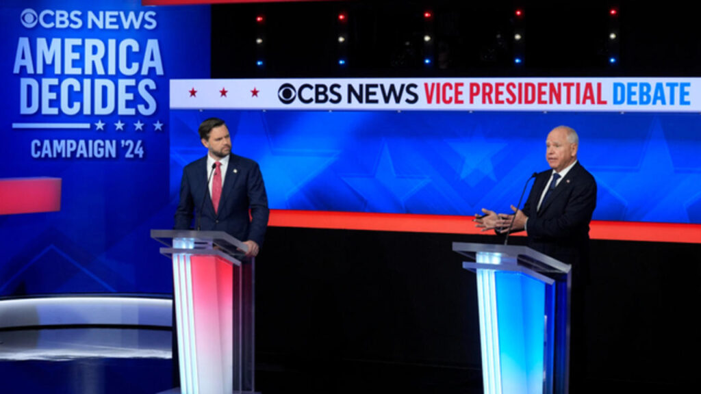 JD Vance and Tim Walz face-off at their first and only meeting ahead of the election. Photo via CBS News